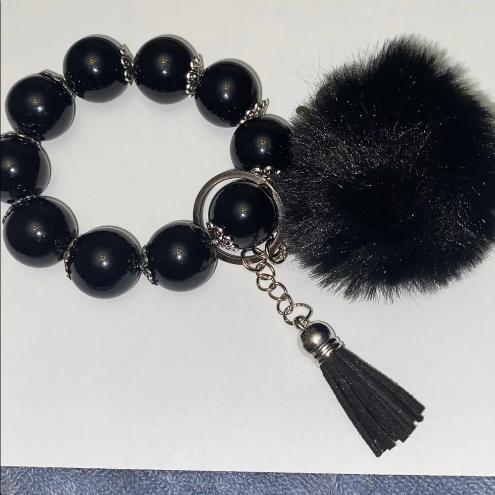Beaded in Black Bracelet Keychain with Tassel